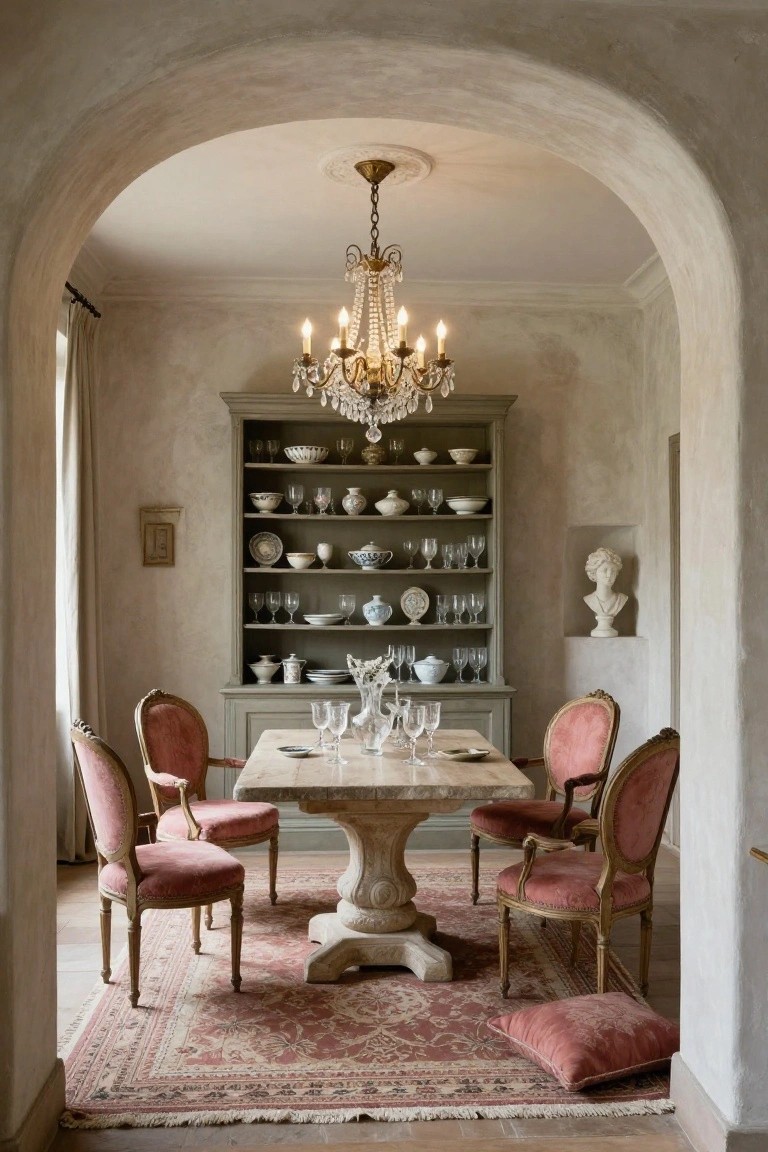 Interior view of a dining room featuring a rectangular wood pedestal table with pink upholstered armchairs, a tall gray wooden cabinet displaying white ceramics and glassware, brass chandelier, and arched plaster walls with a red-patterned rug on the floor.