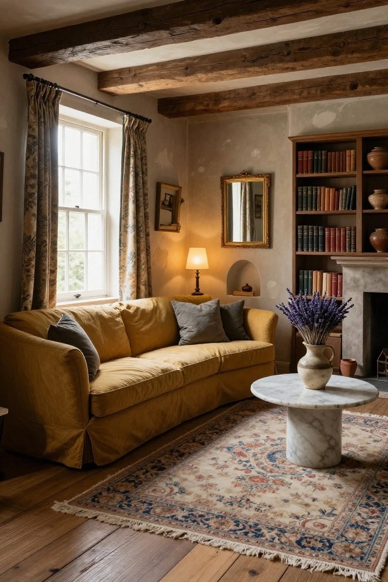 A cozy living room with exposed dark wooden ceiling beams, mustard yellow curved sofa, built-in bookshelves beside a stone fireplace, lavender bouquet, and Persian rug on wood floors.