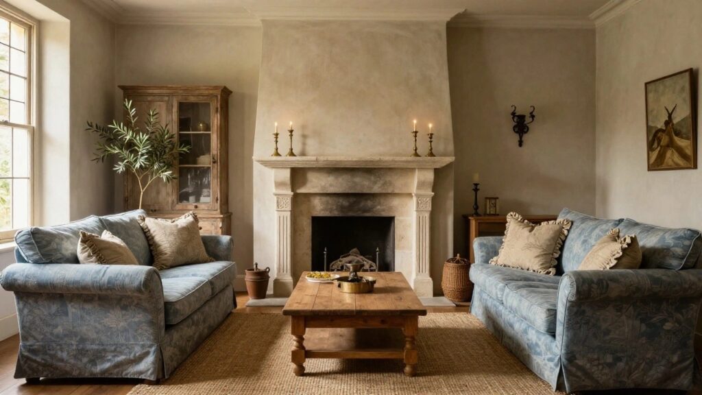 24 Cozy French Country Living Room Ideas With Old-World Style Cozy living room with tall beige stone fireplace, carved mantel, wooden beam ceiling, beige linen sofa, blue-upholstered armchairs, wooden coffee table with bowls, potted olive tree, and candles on windowsills.