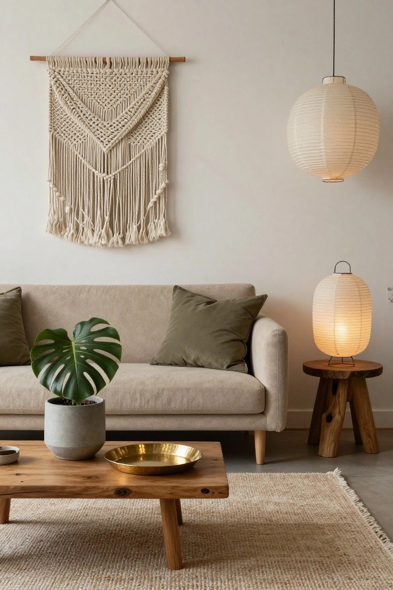 Beige sofa with green throw pillows and a large monstera plant in a gray concrete pot placed directly on the seat, wooden coffee table with brass dish in front, macrame wall hanging above, paper lantern lamps, and seagrass rug in a neutral room.