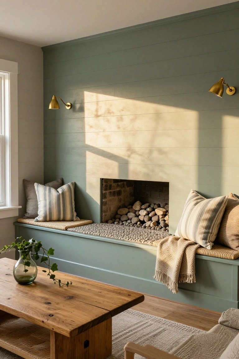 Living room with sage green shiplap wall, brick fireplace filled with pebbles, built-in green bench seat topped with cushions and throw blanket, wooden coffee table with potted ivy, and wall sconces.