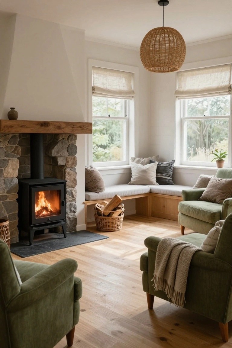 Living room with wood-burning stove in stone surround, built-in wooden bench with cushions under two large windows, green upholstered armchairs, woven baskets, and hardwood floors.