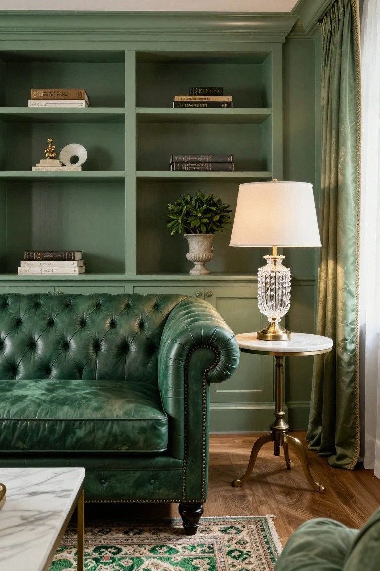 Emerald green built-in bookshelves filled with books, sculptures, and plants in a living room with a matching green leather Chesterfield sofa, crystal lamp on marble side table, green drapes, marble coffee table, and patterned rug.