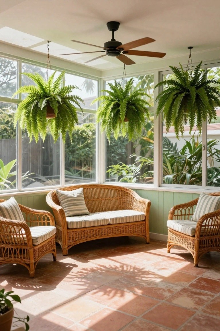 Screened porch with hanging ferns from the ceiling, wicker loveseat flanked by two chairs on terracotta tile floor, large windows showing garden outside, ceiling fan overhead.