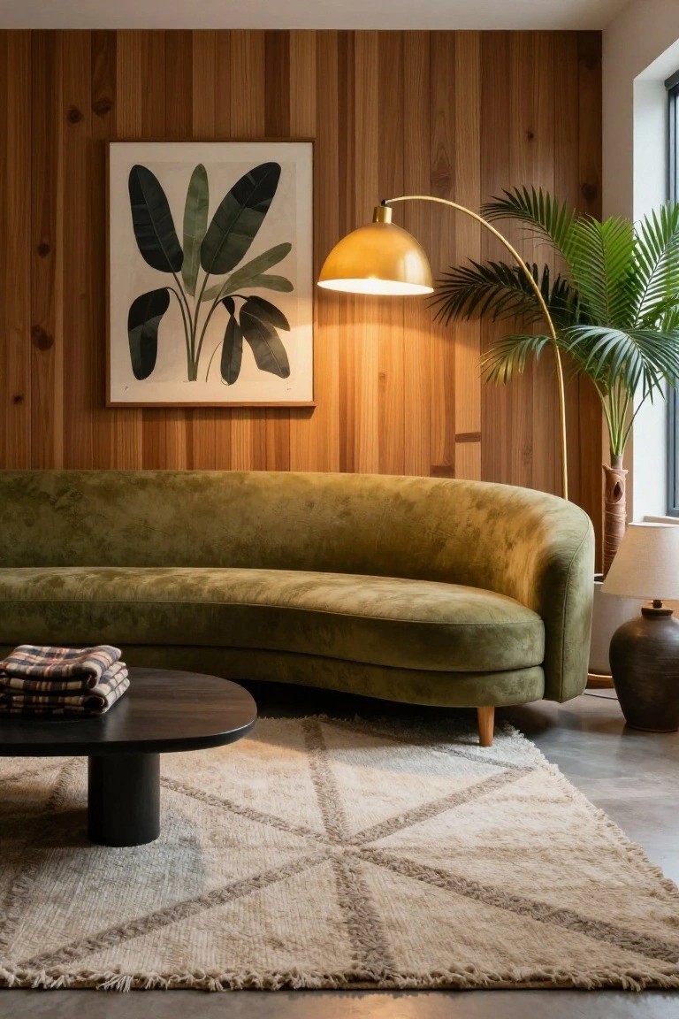 Living room interior with curved emerald green velvet sofa, vertical wood-paneled walls, gold arched floor lamp next to potted palm plant, abstract leaf artwork, black oval coffee table holding plaid blankets, beige fringed rug, and ceramic table lamp on concrete floor.