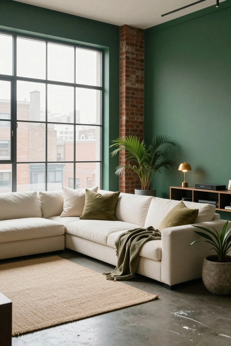 Living room with emerald green walls, exposed brick accent wall, large multi-pane windows showing city view, cream L-shaped sofa with white and green pillows and green throw blanket, potted palm and other plants, gold lamp on floating shelf, seagrass rug on concrete floor.