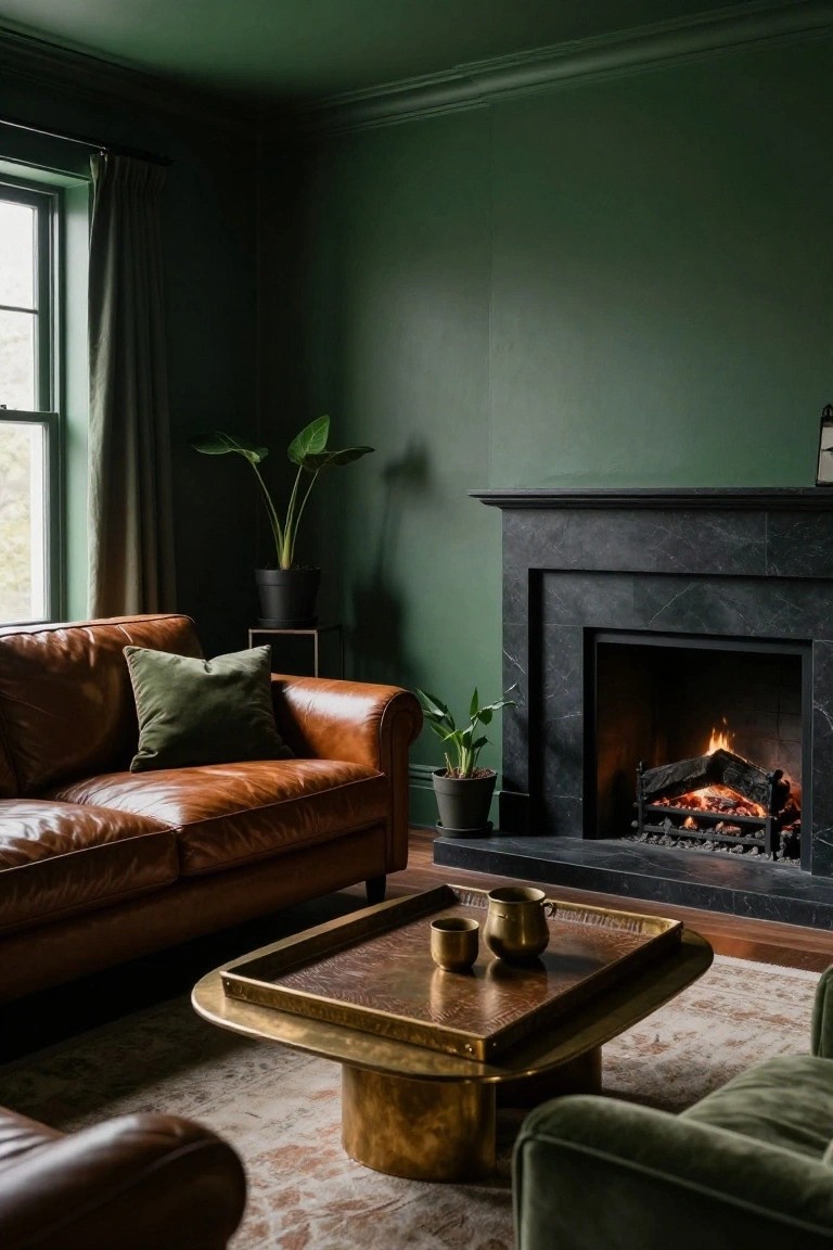 Living room featuring deep green walls, tan leather sofa with green pillows, black marble fireplace with burning logs, brass tray table with cups, potted plants, and green velvet chairs on a patterned rug.