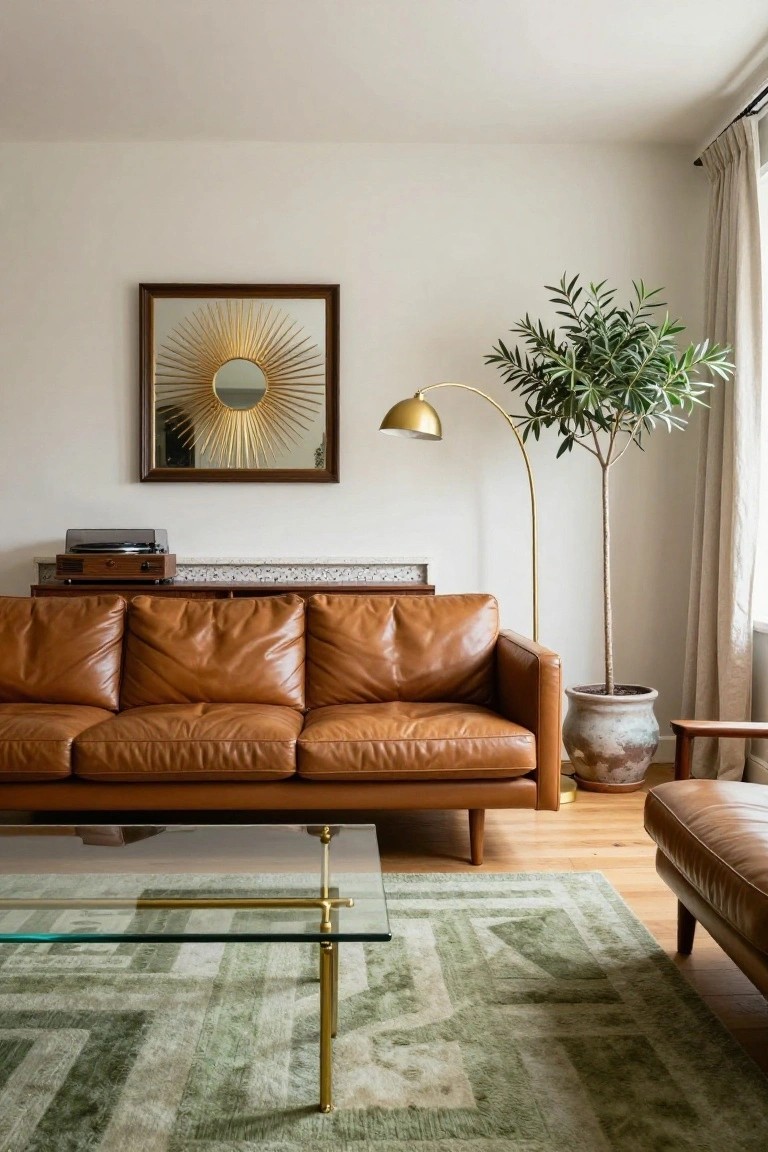 Living room with tan leather three-seat sofa, brass and glass coffee table on geometric green and white rug, tall potted olive tree in terracotta pot next to gold arc floor lamp, wood credenza with turntable, sunburst mirror on white wall, beige curtains, small wood armchair, and hardwood floor.