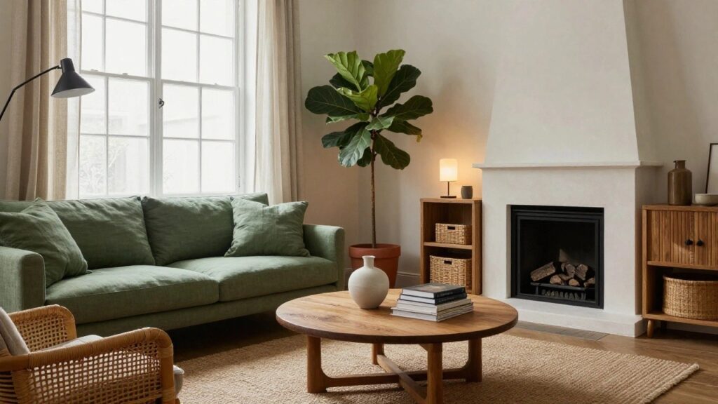 A living room with green linen sofa, wooden coffee table holding books and vase, large potted ficus tree, rattan armchair, lit fireplace, and beige curtains on a window.
