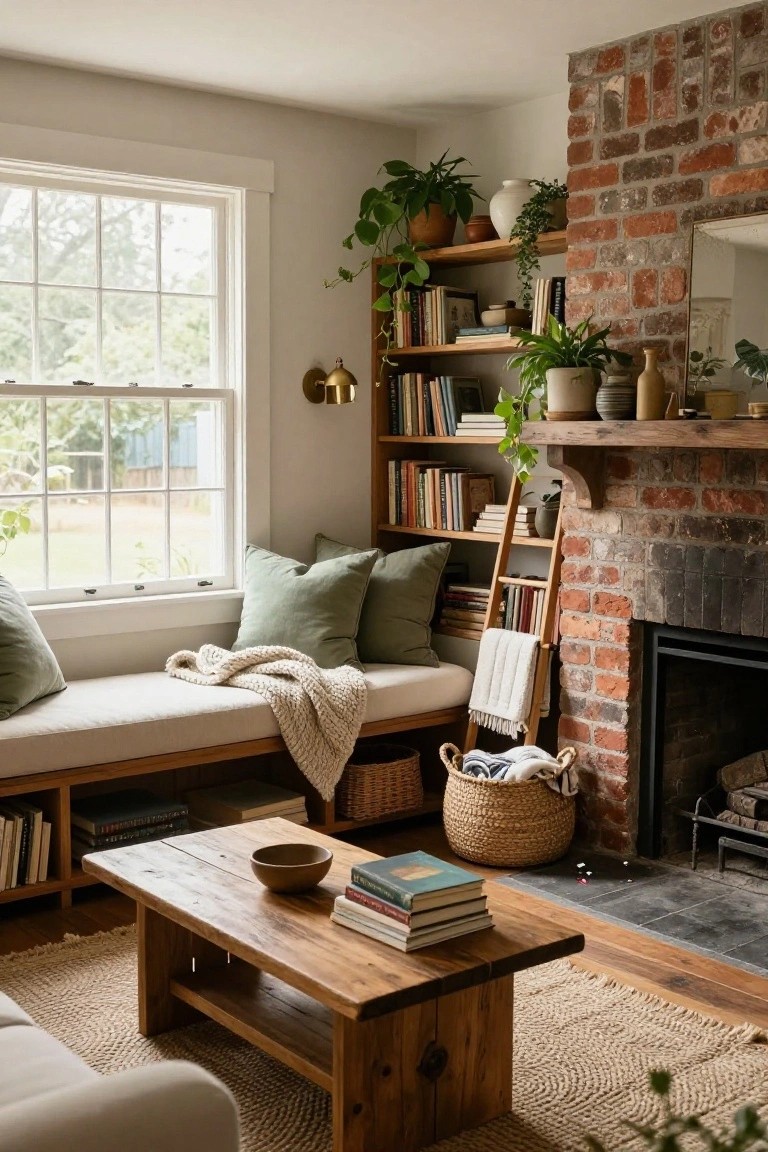Cozy living room corner featuring a brick fireplace, wooden window bench with green pillows and throw blanket, ladder bookshelves filled with books and plants, wooden coffee table, and seagrass rug.