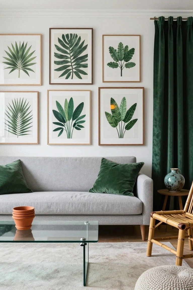 Living room featuring a gray sofa with green velvet pillows, a glass coffee table holding terracotta pots, a rattan chair, and a wall gallery of six framed green botanical leaf prints beside green velvet curtains.