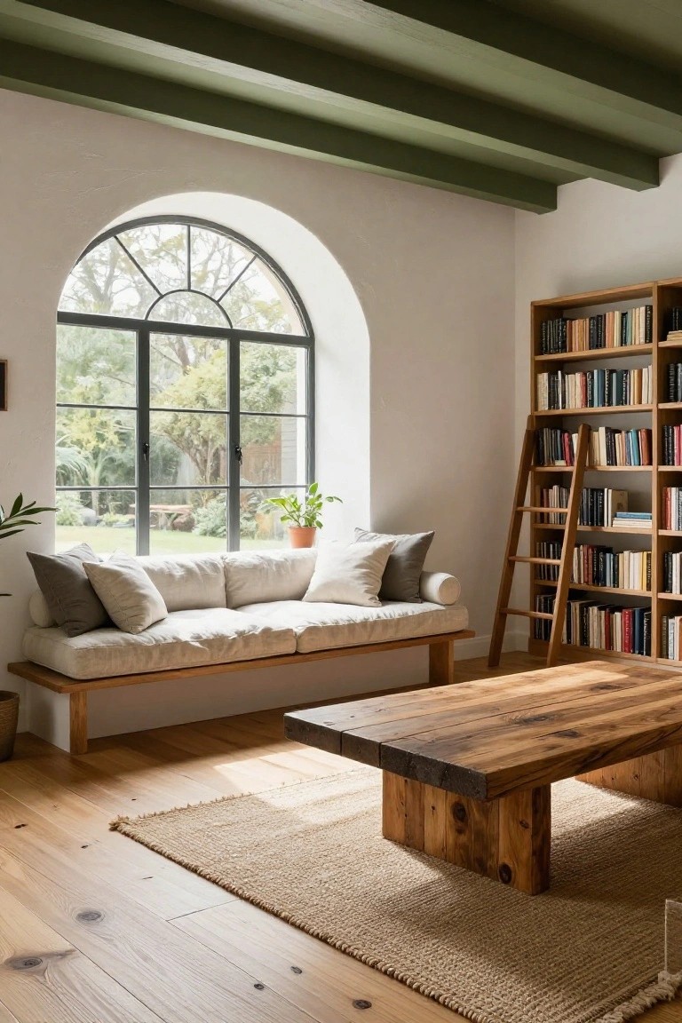 Living room featuring green-painted wooden ceiling beams, white walls, tall wooden bookshelves with ladder, beige cushioned window bench sofa, low wooden coffee table, jute rug, potted plant, and large arched window overlooking a garden.