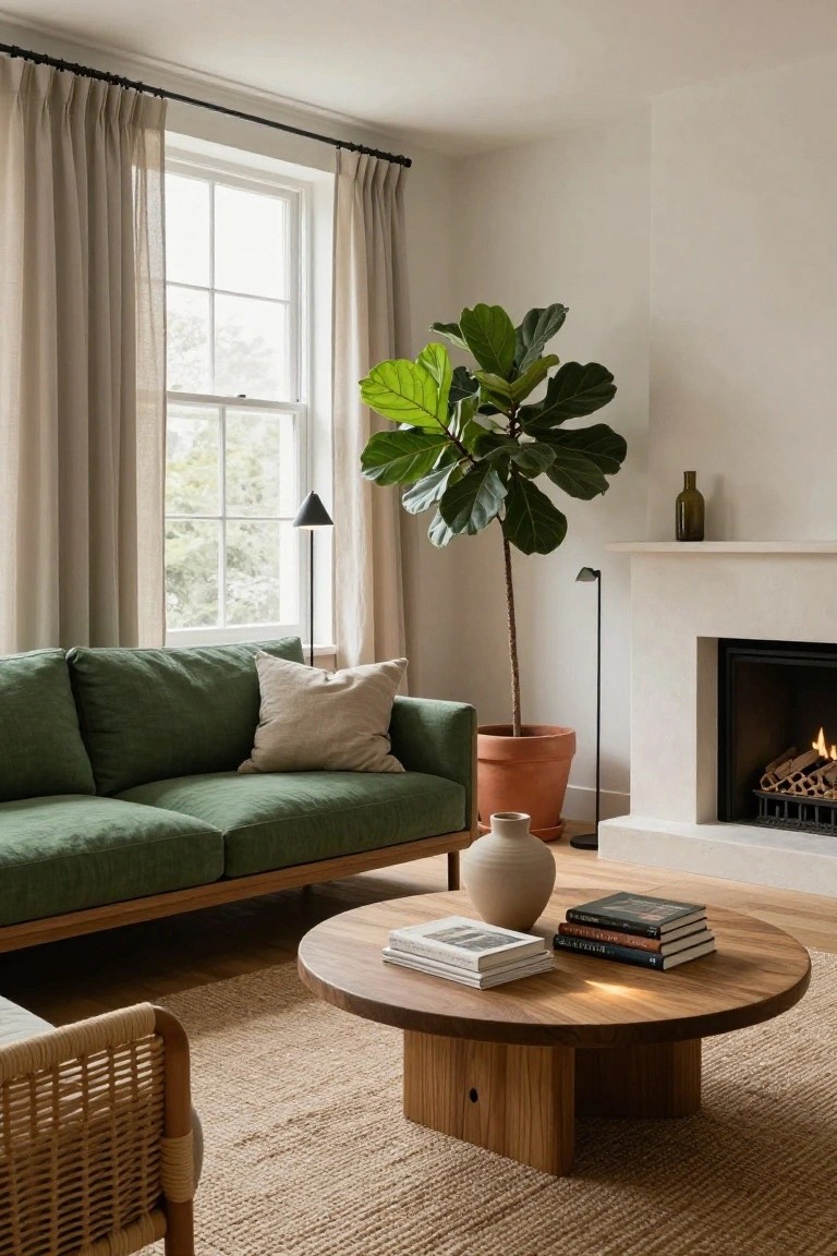 A living room with green linen sofa, wooden coffee table holding books and vase, large potted ficus tree, rattan armchair, lit fireplace, and beige curtains on a window.