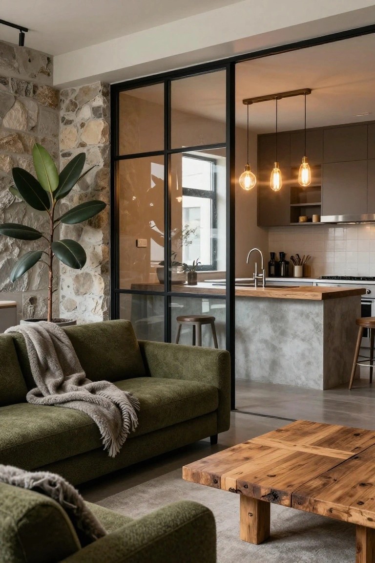 Living room with plush green sofa draped in gray throw, wooden coffee table, large potted plant beside exposed stone wall, and kitchen with concrete island visible through black-framed glass doors.