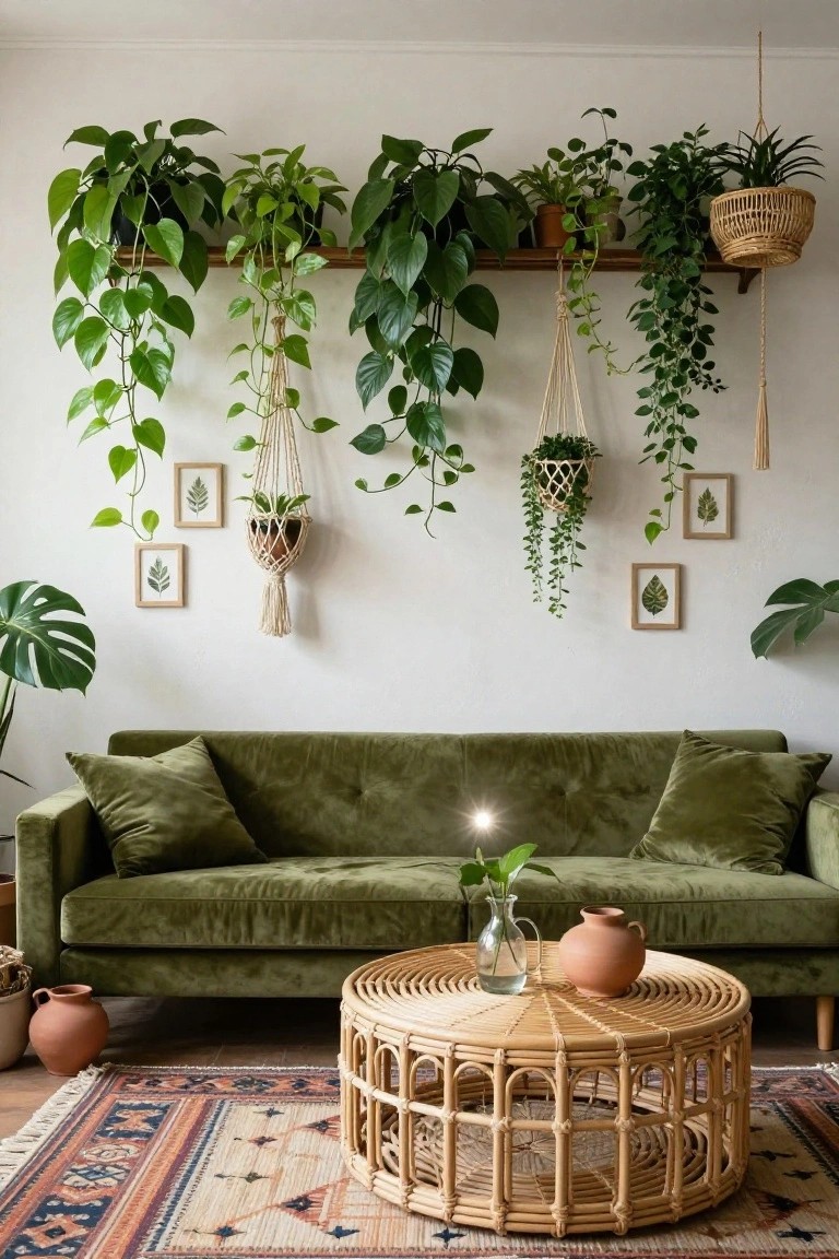 Living room with green velvet sofa, rattan coffee table on patterned rug, wooden shelf of potted plants, multiple macrame hanging planters with trailing greenery, and monstera plants on white wall.