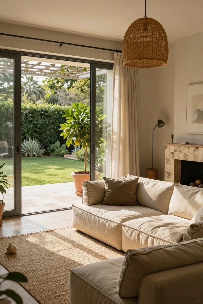 Light beige modular sofa in a neutral living room with large open sliding glass doors revealing a lush green garden, potted plants, a fireplace, rattan pendant light, and terracotta floor tiles.