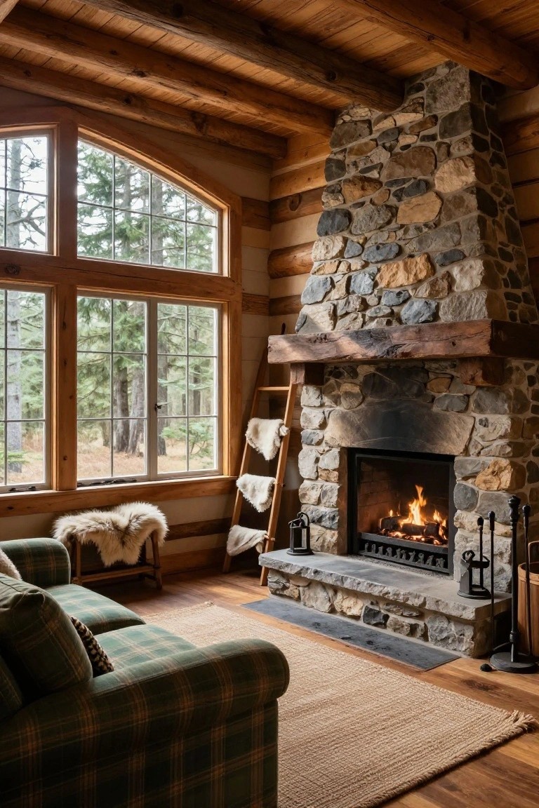 Log cabin living room with tall stone fireplace, plaid sofa and chair, sheepskin rugs on ladder shelf, and large windows showing pine trees outside.