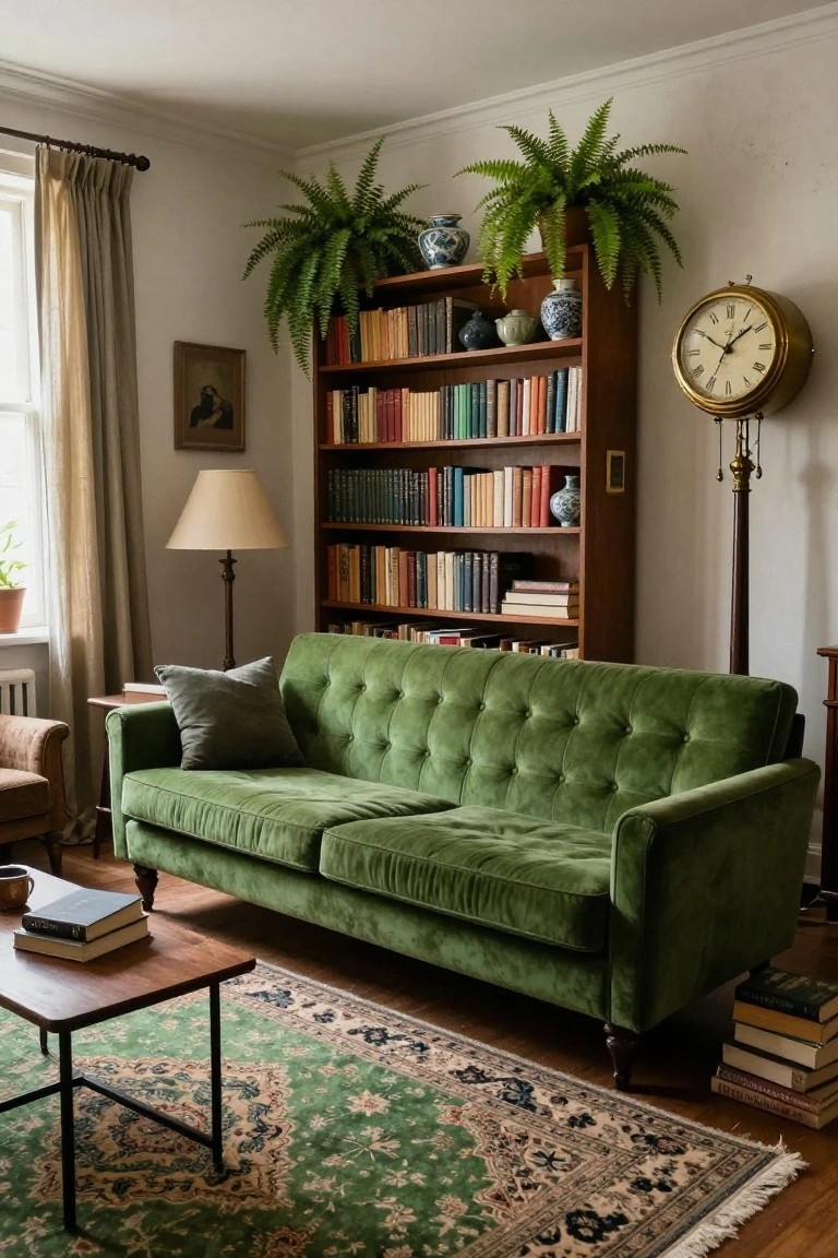 A living room with a green tufted velvet sofa, wooden bookshelves filled with colorful books and ceramics, potted plants, a green rug, wooden coffee table with books, lamp, and clock on the wall.
