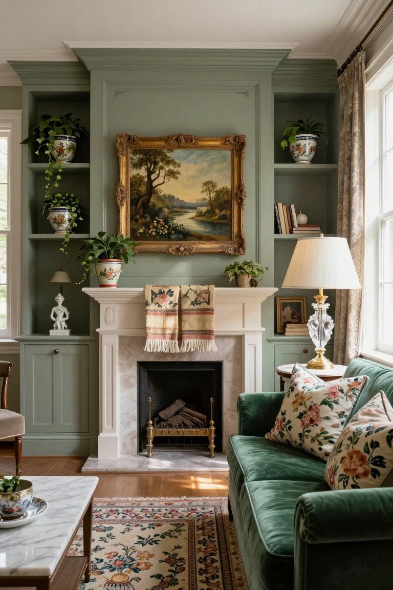 A living room with sage green built-in shelving and cabinets flanking a white marble fireplace with a fire burning, green velvet sofa, potted plants on shelves, landscape oil painting in gold frame above mantel, table lamps, and patterned rug.