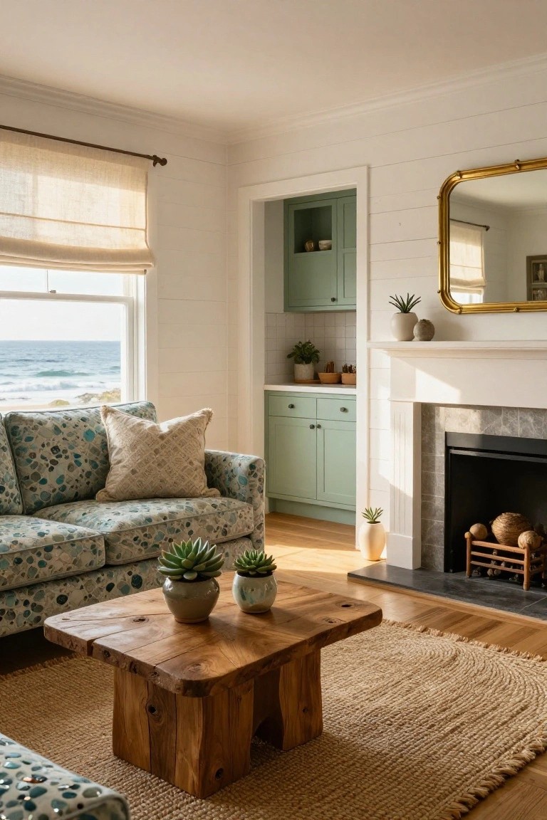Living room with sage green cabinet nook adjacent to turquoise patterned sofa, wooden coffee table with potted plants, beige rug, fireplace, gold mirror, linen curtains, shiplap walls, and large window showing ocean view.