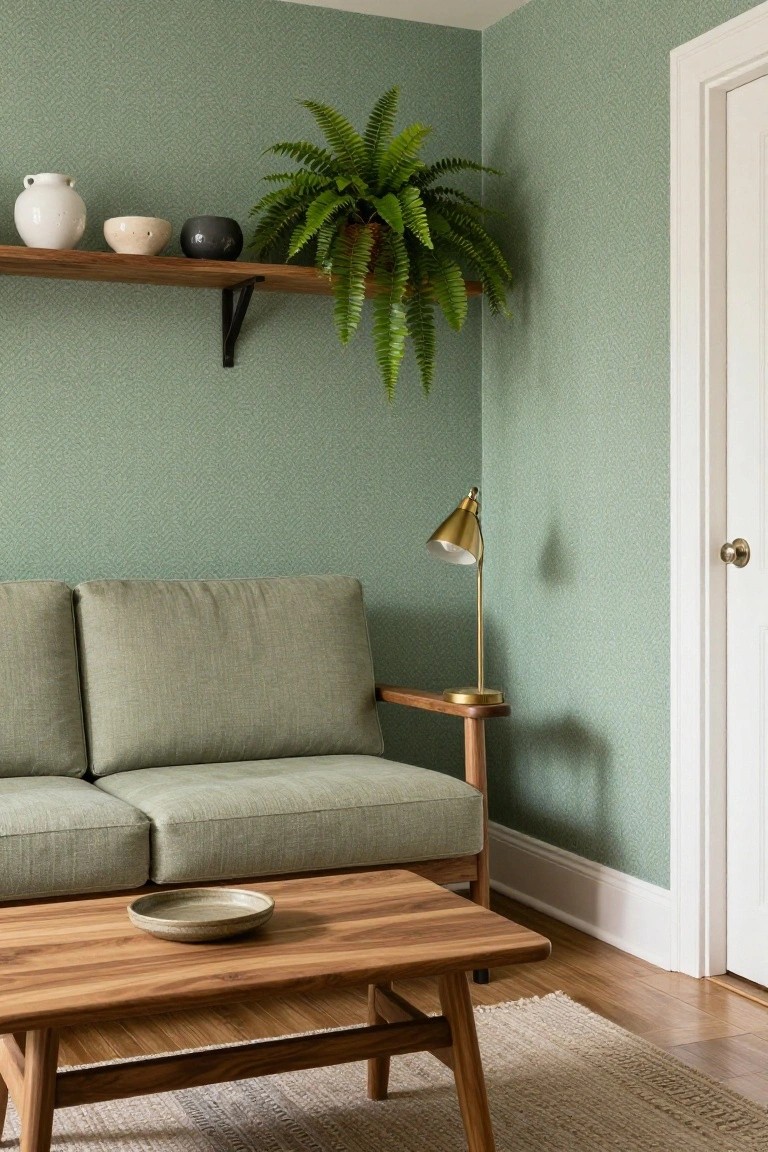 A living room corner with pale green leaf-patterned wallpaper on two walls, a two-seat green sofa, wooden coffee table holding a ceramic dish, wooden shelf displaying white vase, beige bowl, black orb, and hanging fern plant, brass lamp on wooden side table, white door, and hardwood floor with rug.