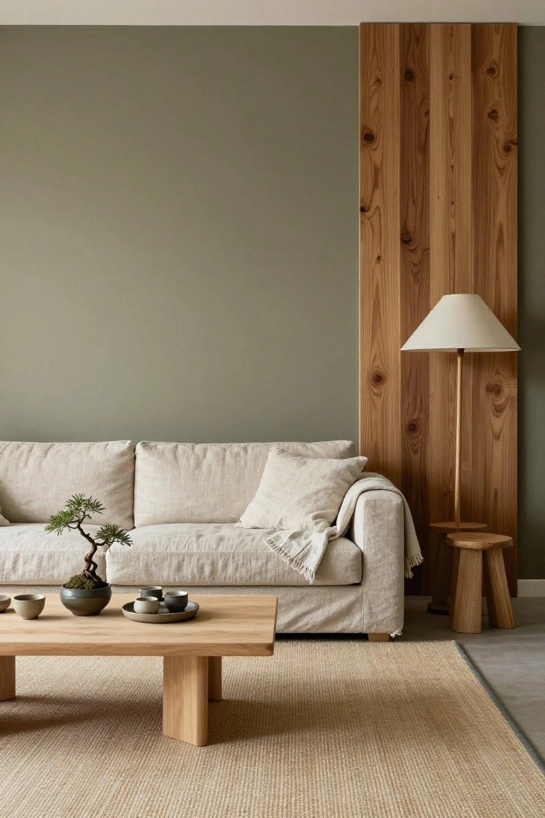 A cozy living room with sage green painted wall and tall vertical wooden panel accent, beige linen sofa, wooden coffee table holding bonsai tree and teacups, wooden floor lamp, side stools, and seagrass rug on light floor.