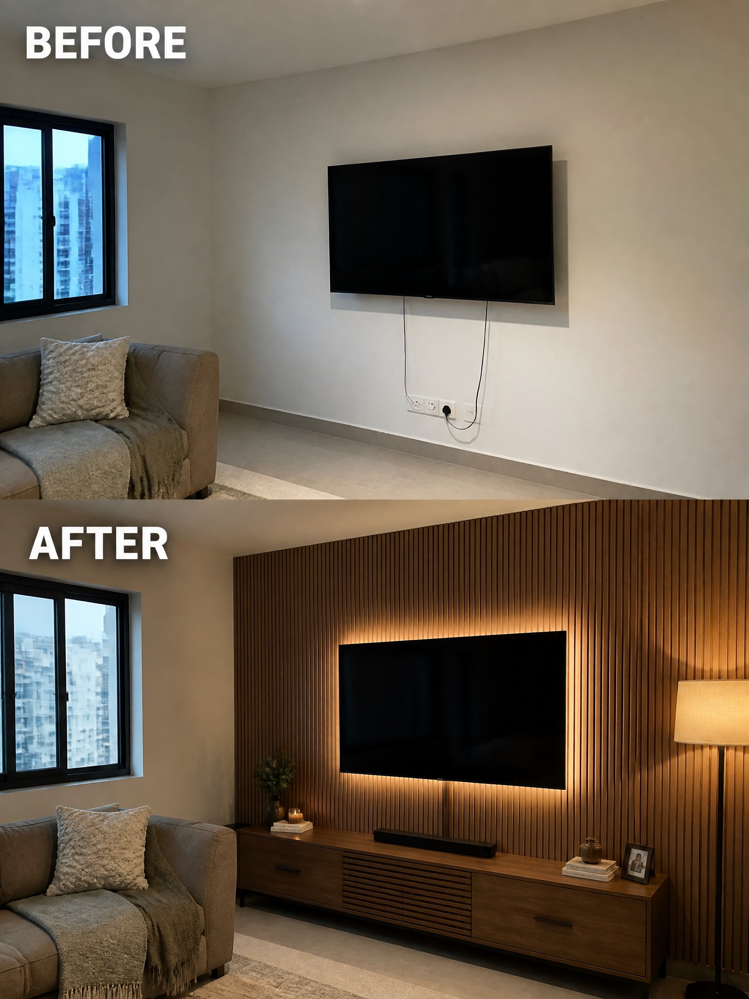 Before-and-after image of a living room showing a plain TV wall changed into a wood slat accent wall with backlighting and a media console below.