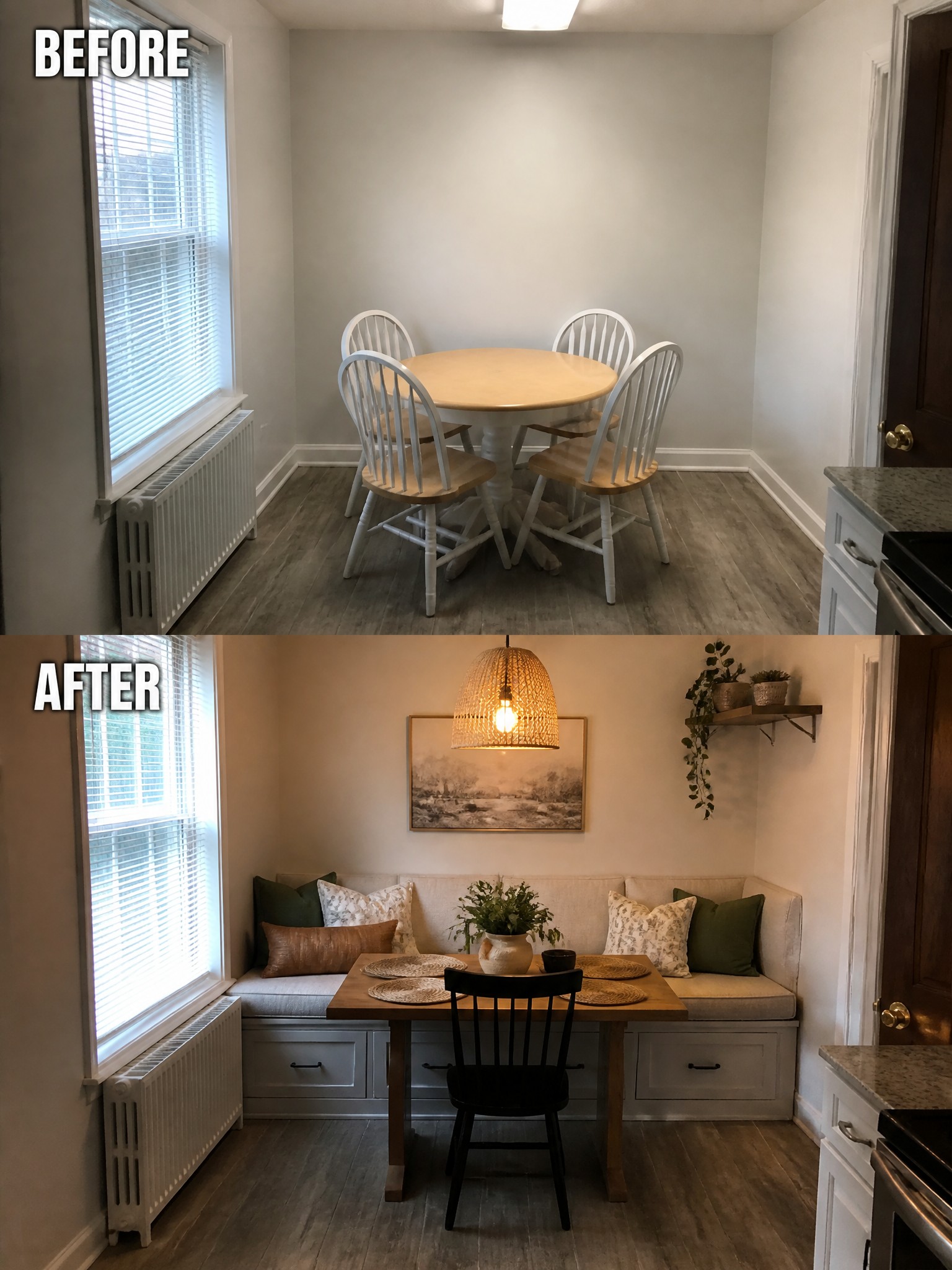 Before-and-after image of a plain dining area changed into a cozy nook with built-in bench seating, a rectangular table, pillows, and a woven pendant light.