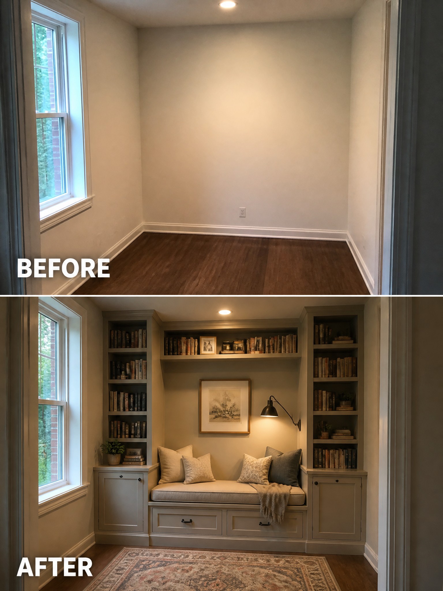 Transformed room with built-in shelves, reading nook, and warm lighting contrasted with empty space.