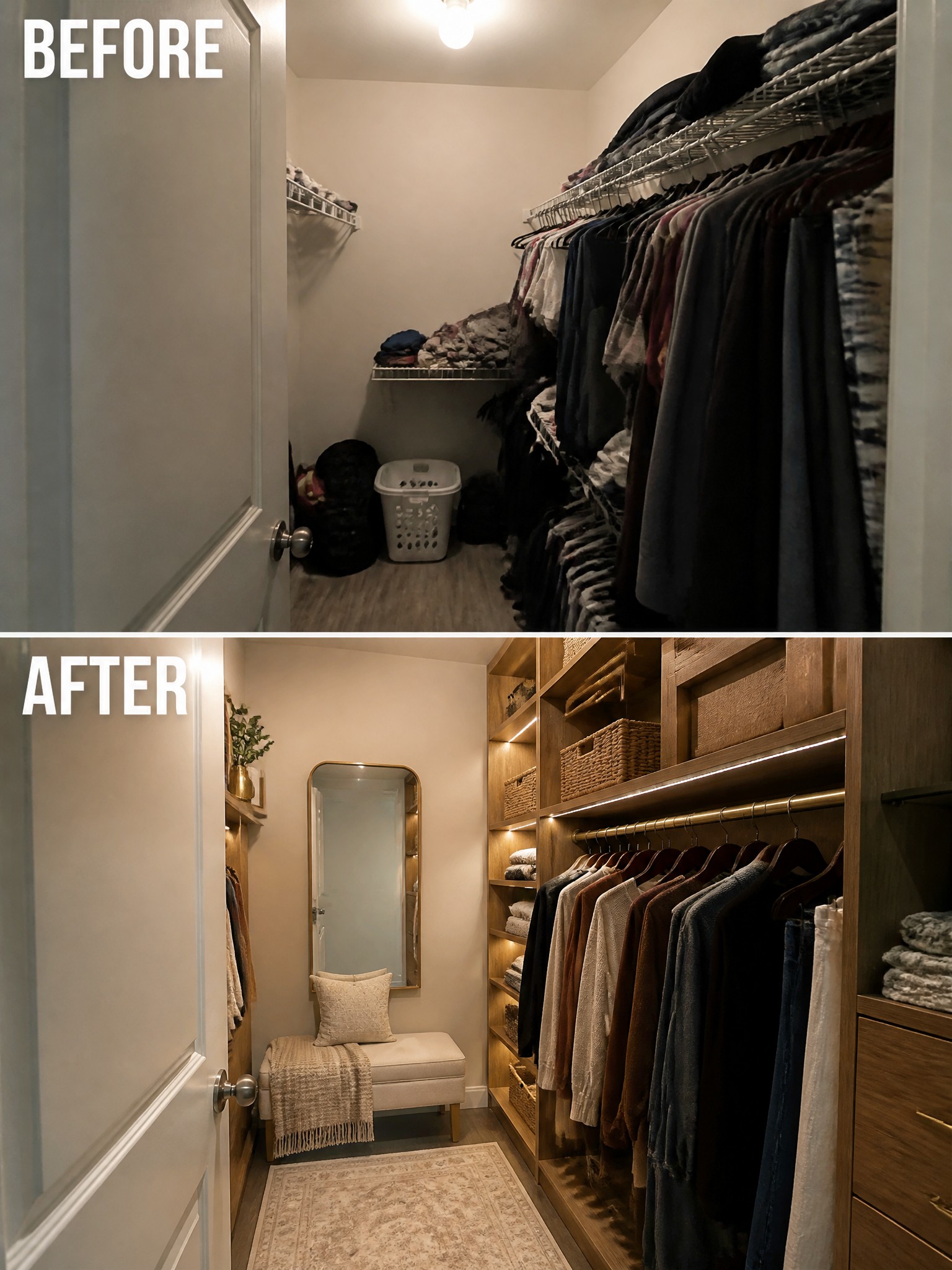 Before-and-after closet transformation featuring organized shelves, a bench, and warm lighting.