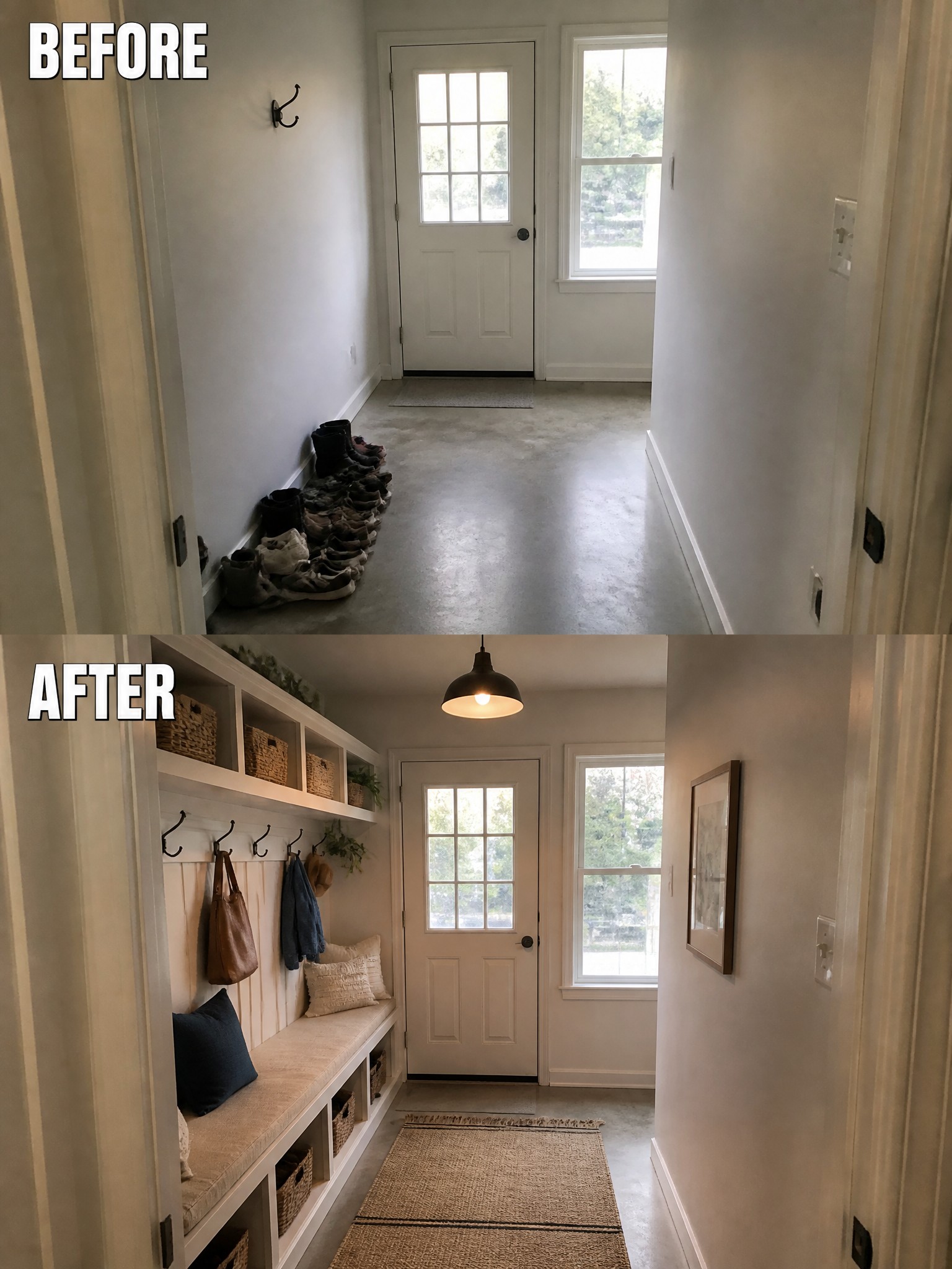 Before and after hallway transformation featuring organized shoe storage and a cozy bench.