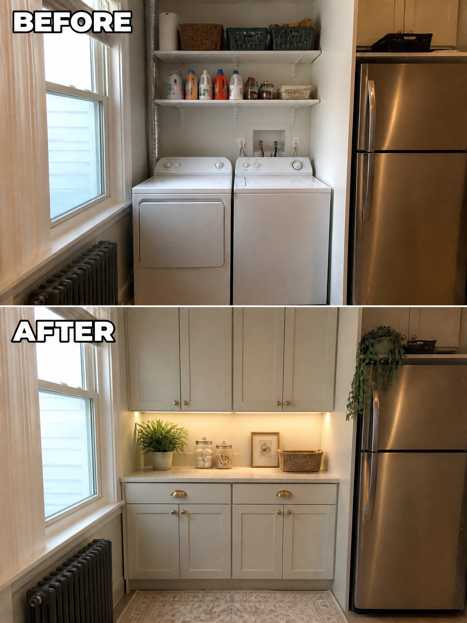 Laundry area transformation: from cluttered appliances to stylish cabinets with decorative plants.