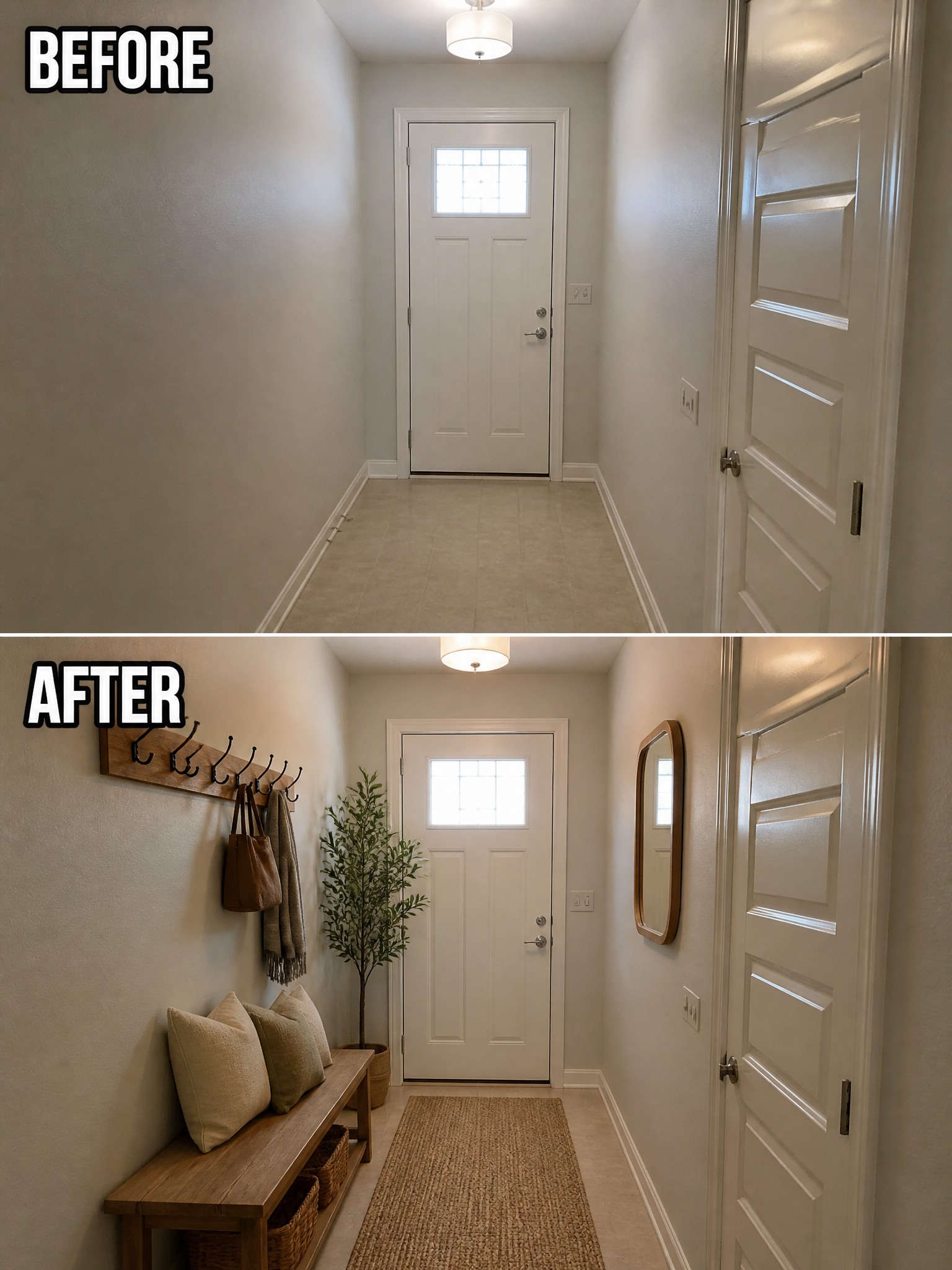 Entryway transformation: minimalistic decor with a bench, pillows, hooks, and a rug.