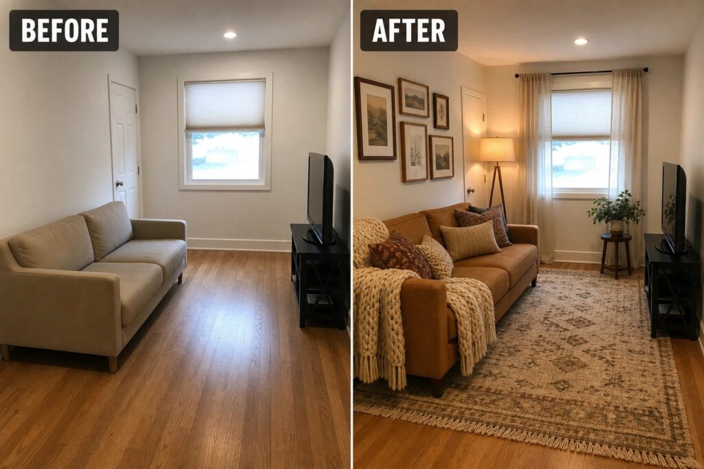 Before-and-after living room transformation, featuring a cozy sofa, decorative pillows, and art.