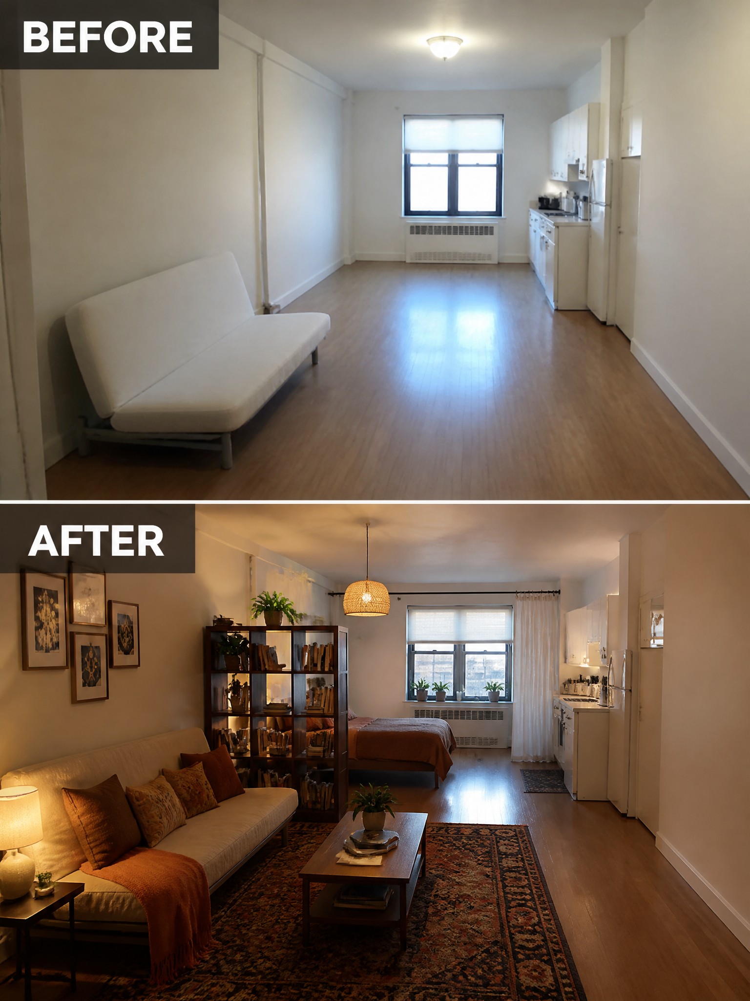 Before and after shots of a cozy, well-decorated studio apartment with vibrant furnishings.