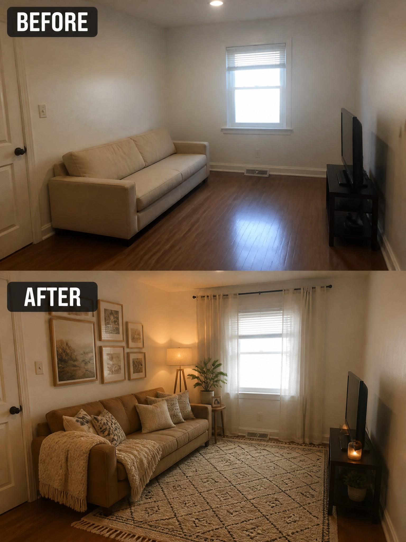Before-and-after living room transformation, featuring a cozy sofa, decorative pillows, and art.