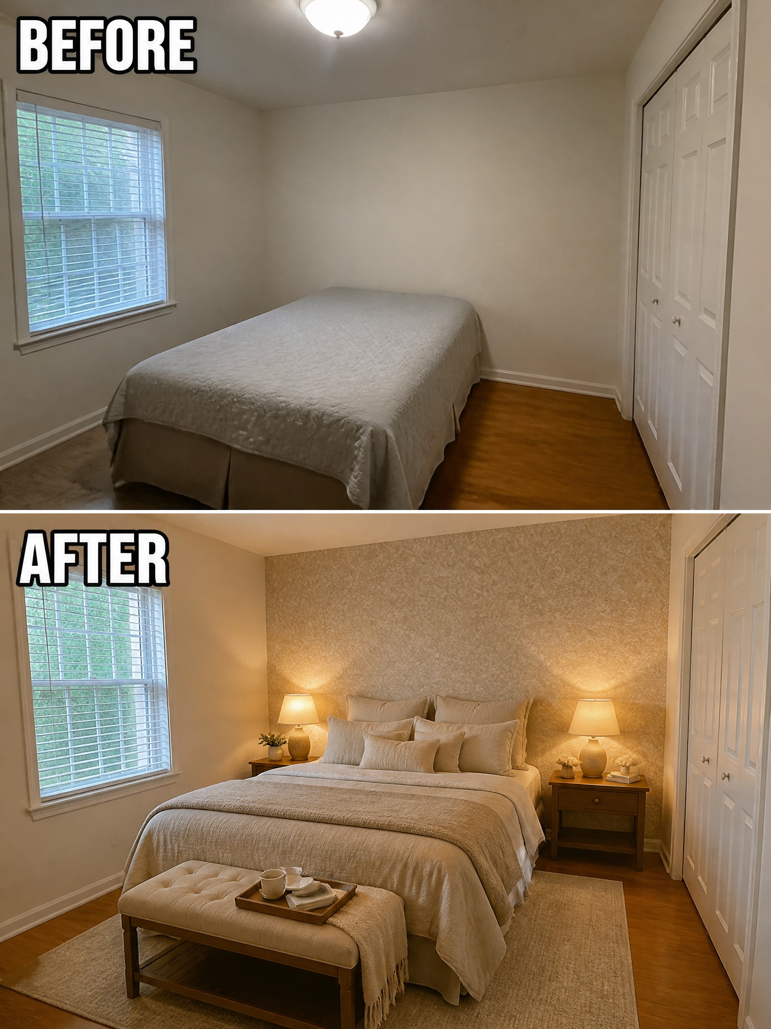 Before-and-after bedroom transformation: minimalistic to cozy with layered textiles and warm lighting.