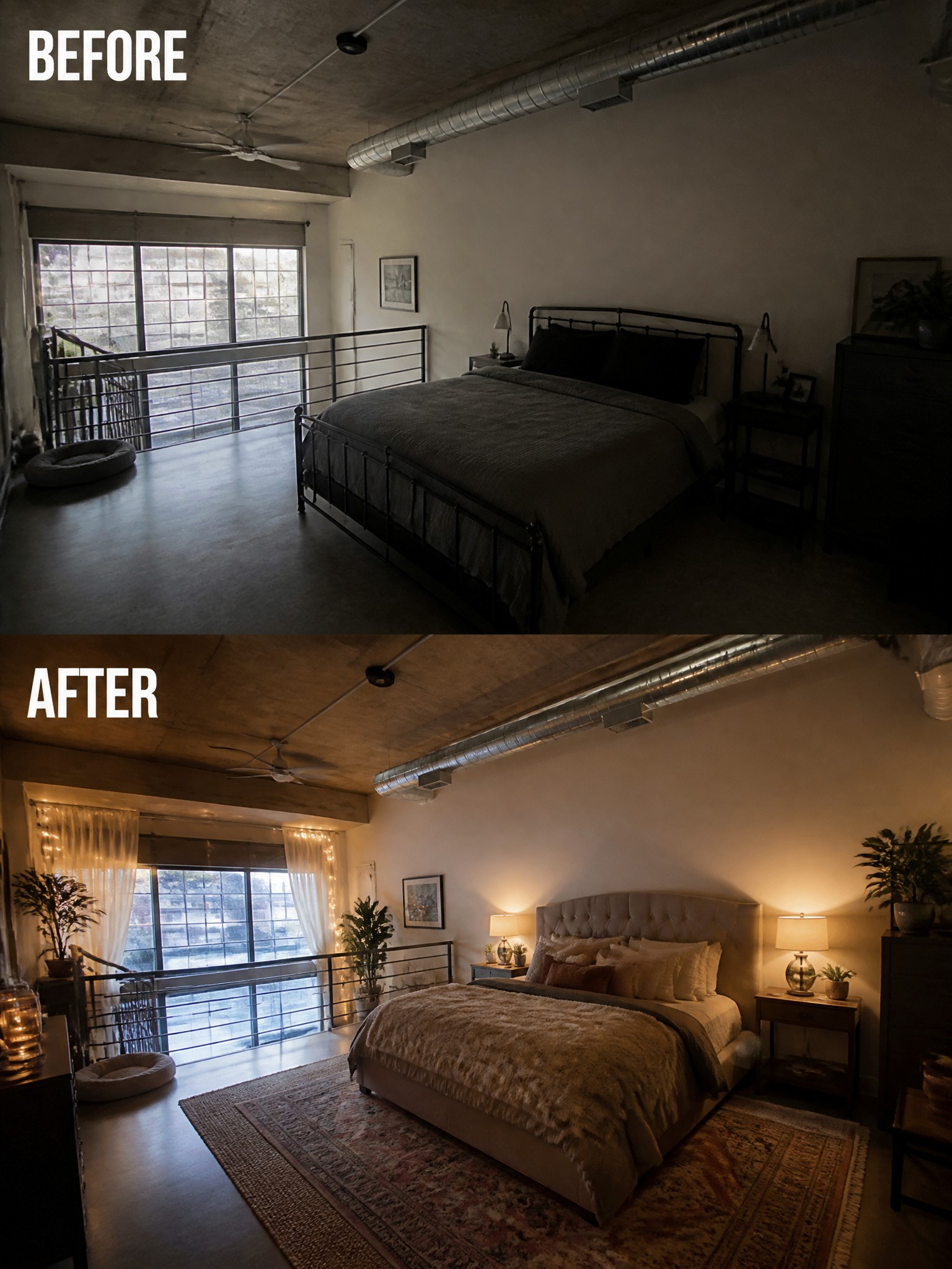 Before-and-after bedroom transformation: dark minimalist decor to warm, cozy, inviting space.