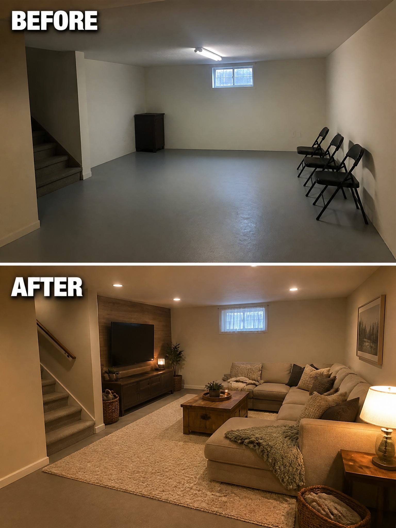 Before-and-after image of an empty basement room transformed into a cozy living room with a sectional sofa, area rug, and layered lighting.