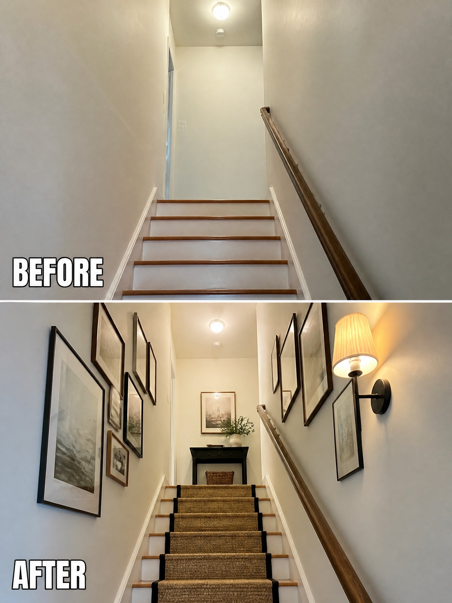 Transformed staircase with framed art, console table, and new wall sconce lighting.