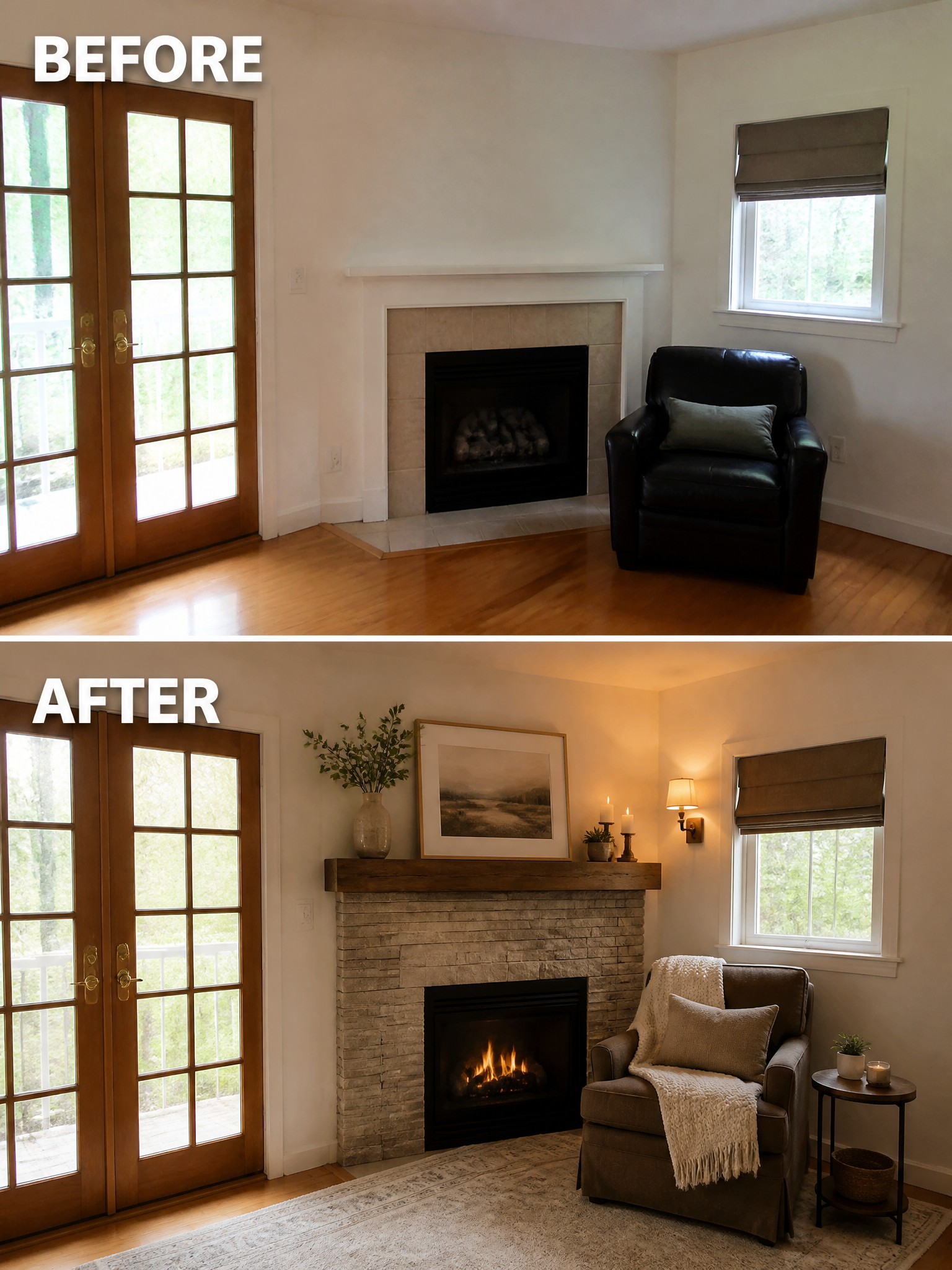 Before-and-after image of a living room fireplace changed from a basic white mantel to a stacked stone surround with a wooden mantel and added room styling.