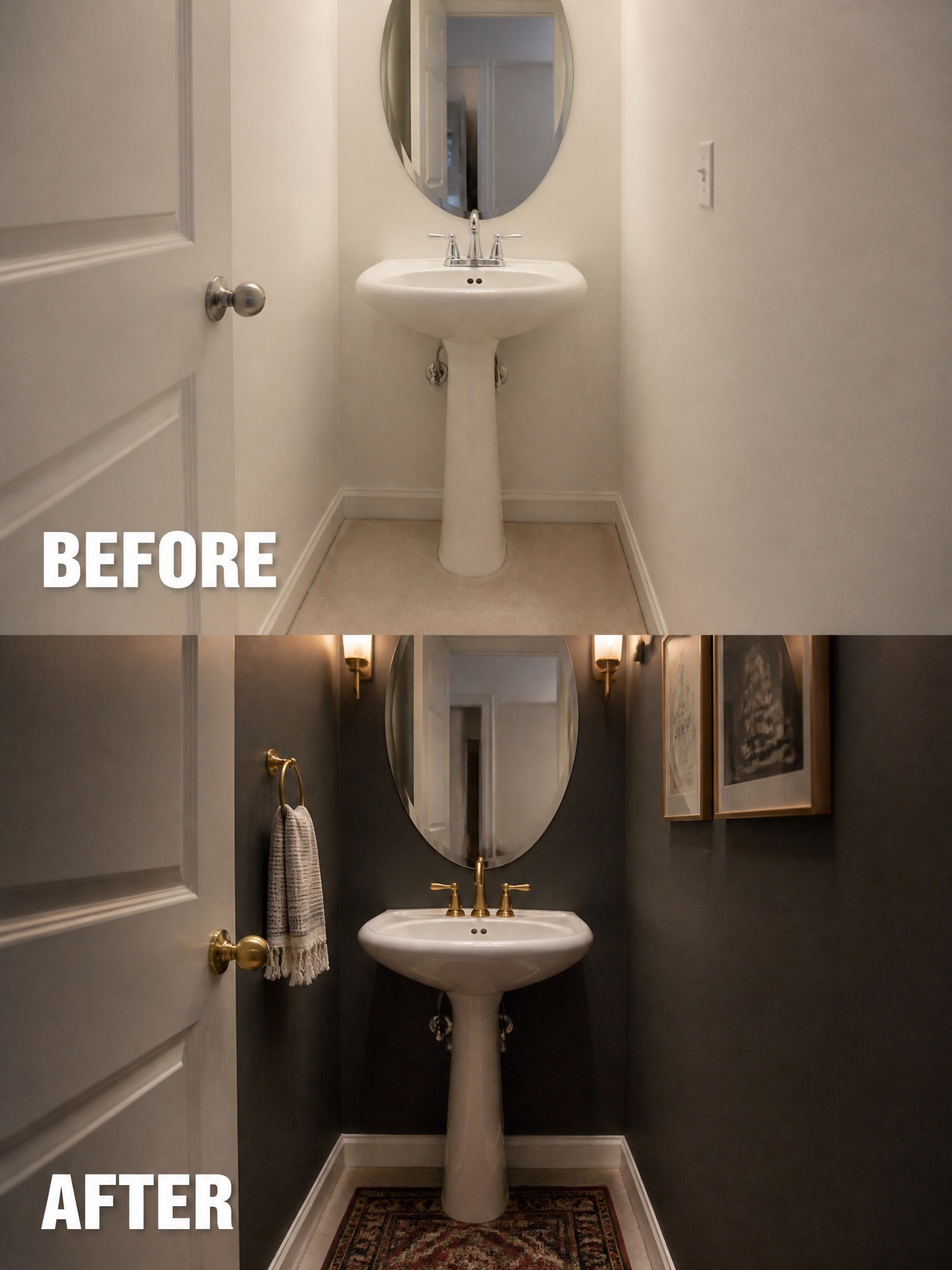 Before-and-after image of a plain bathroom with white walls changed to dark walls with added lighting, a rug, and accessories.