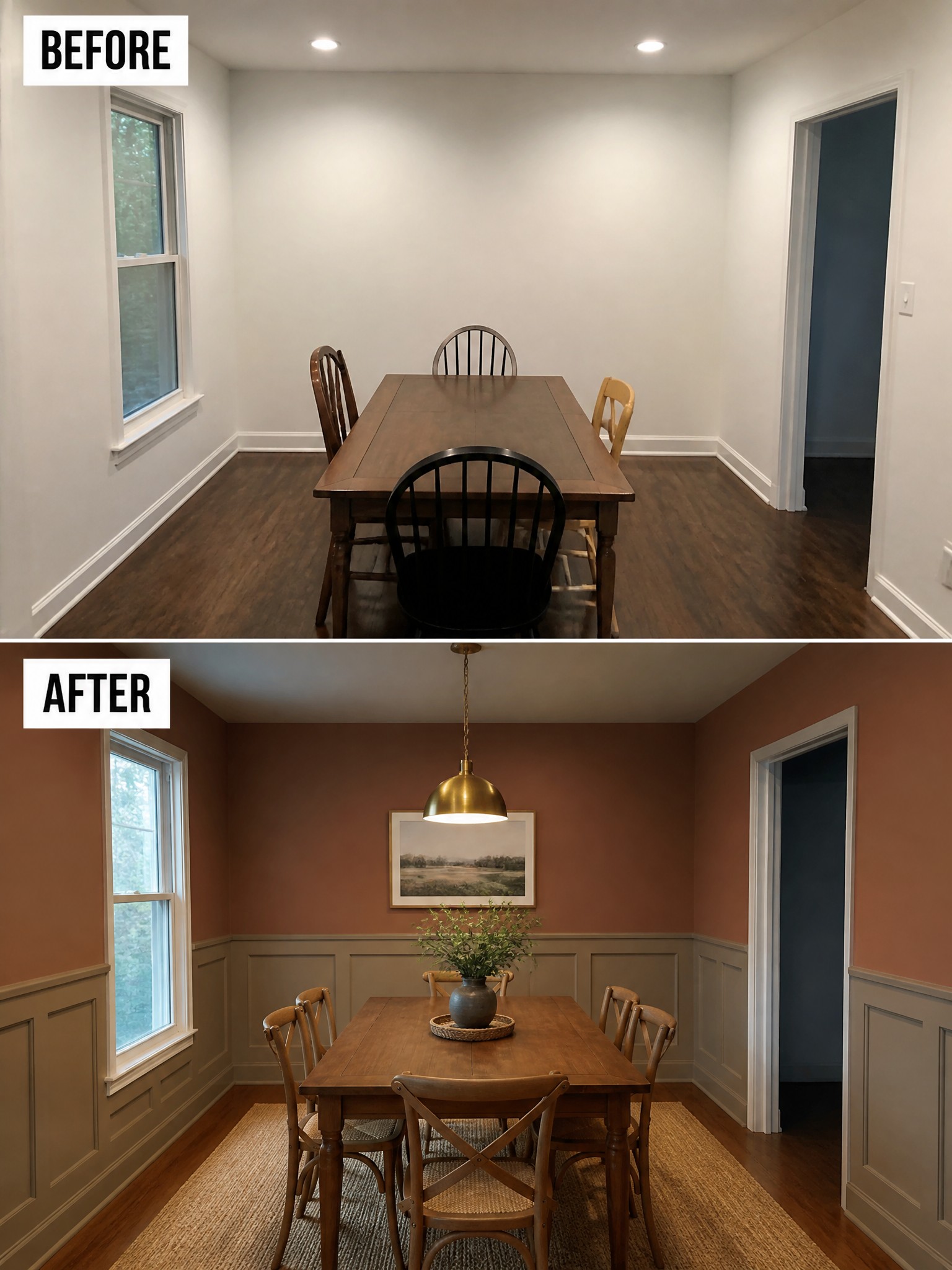 Before-and-after transformation of a dining room with warm paint, wooden furniture, and stylish decor.