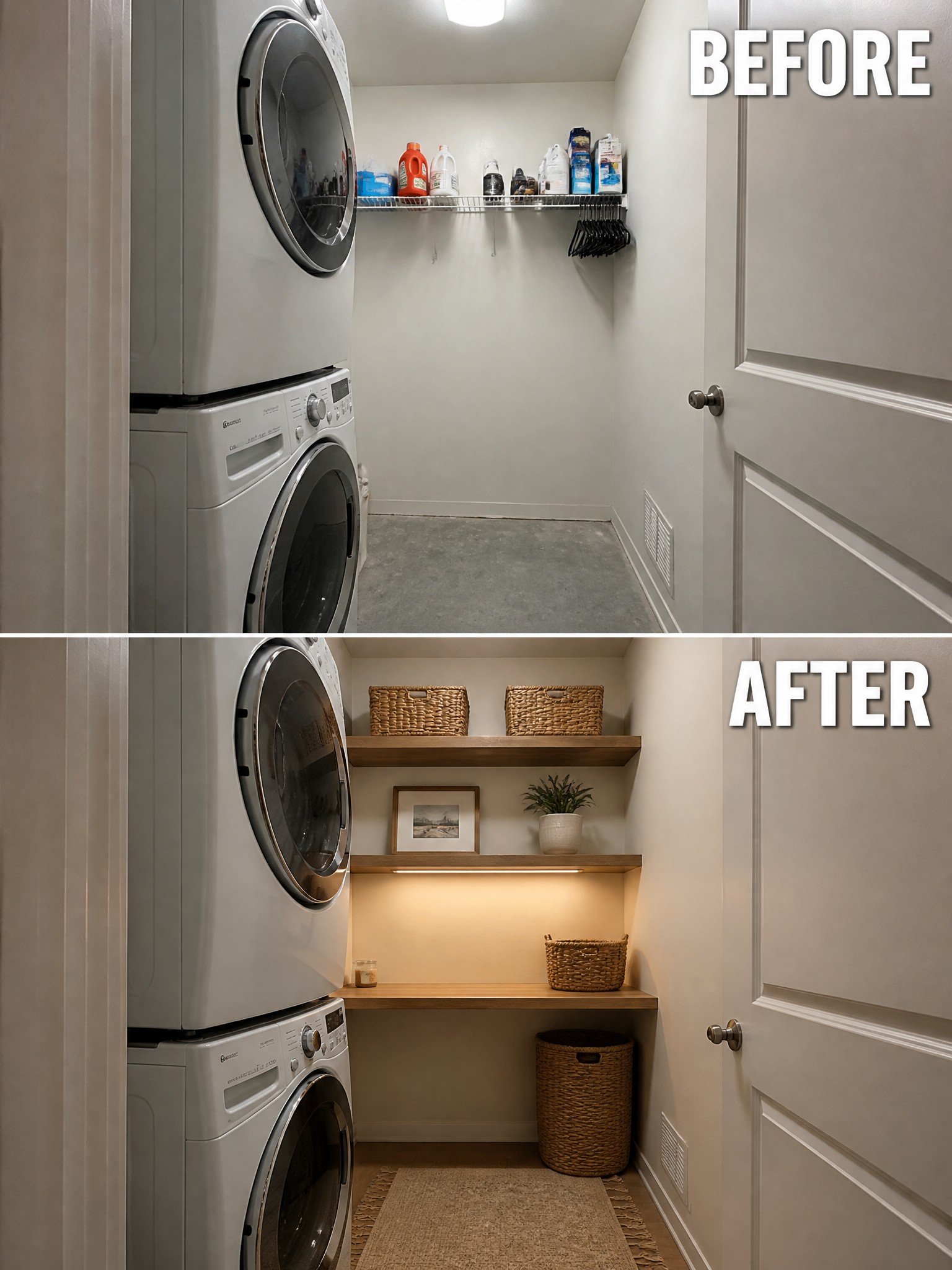 Before-and-after image of a laundry room showing a wire shelf replaced with wooden shelves, baskets, under-shelf lighting, and simple decor.