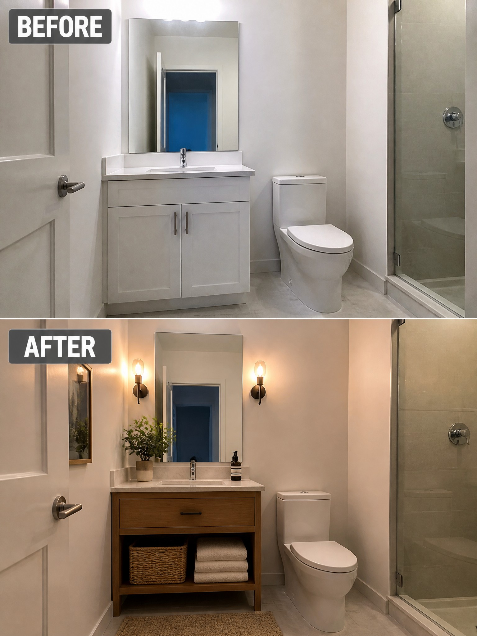 Bathroom renovation before and after: modern white fixtures changed to warm wood accents.