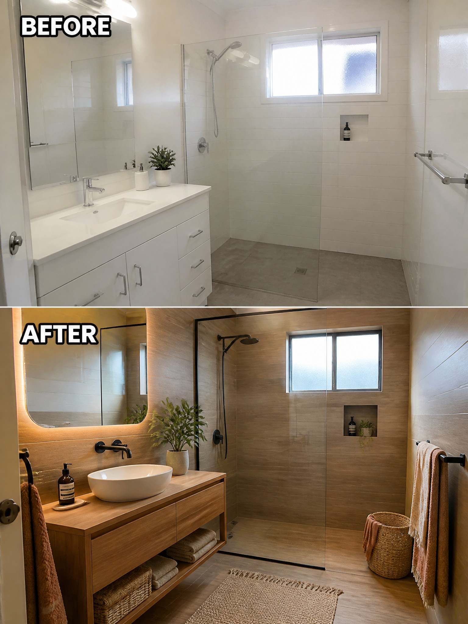 Before-and-after image of a plain white bathroom updated with wood finishes, a vessel sink, backlit mirror, and warmer accessories.