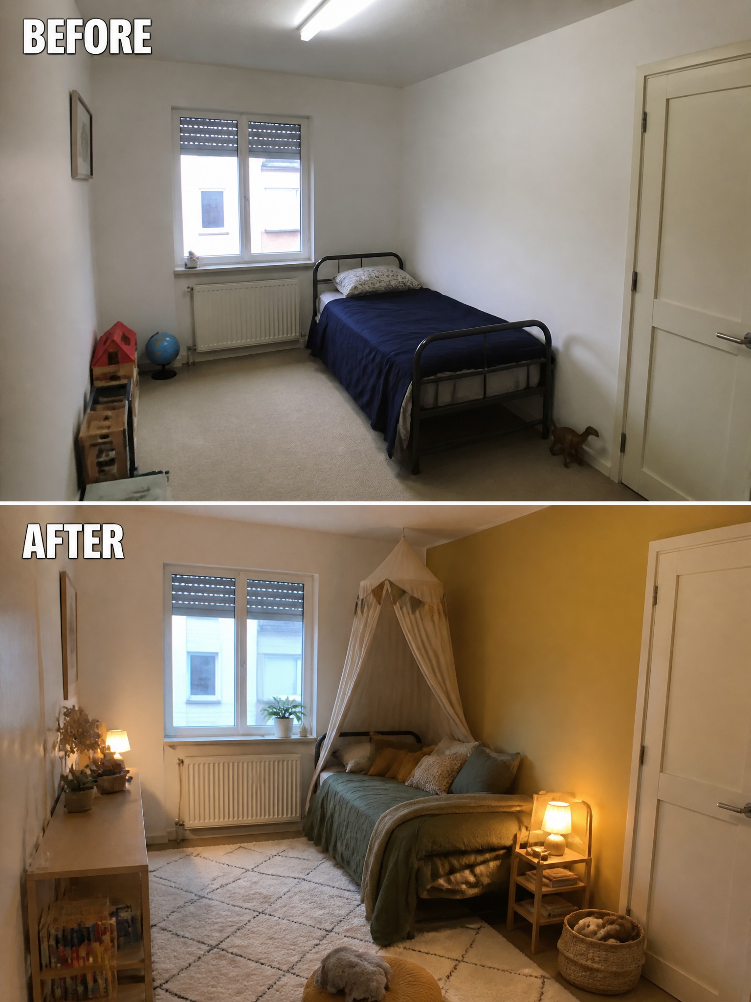 Before-and-after image of a plain bedroom transformed with warm yellow paint, a bed canopy, layered bedding, rugs, and soft lighting.