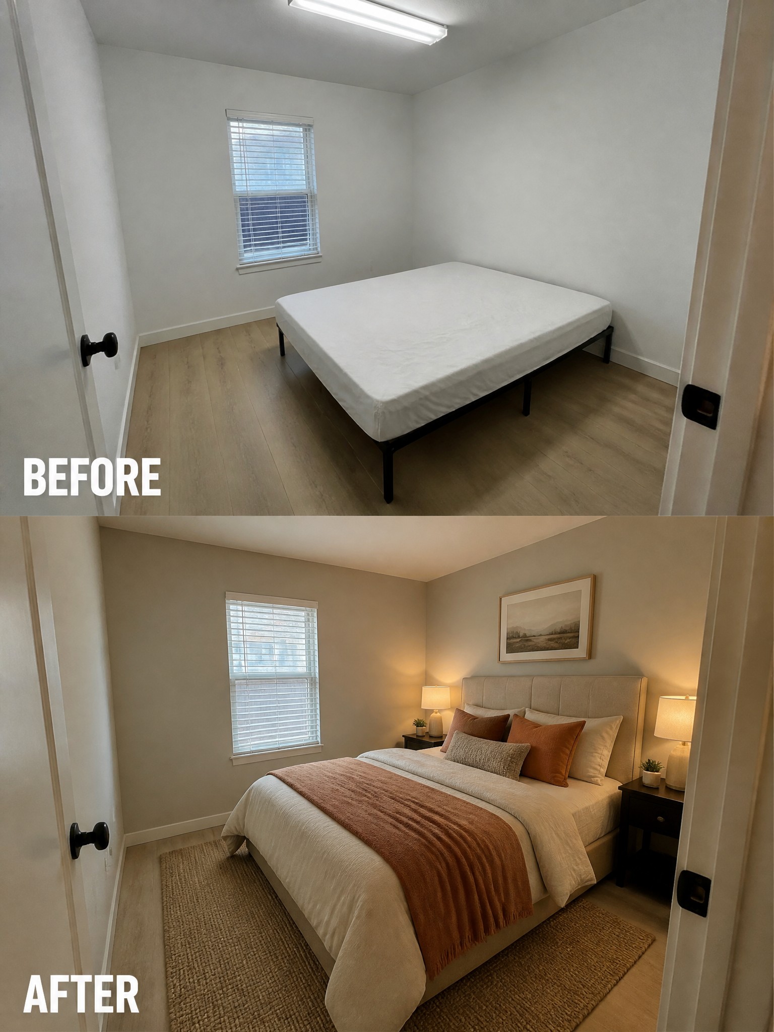 A transformation of a bedroom from empty to elegantly furnished with warm tones.