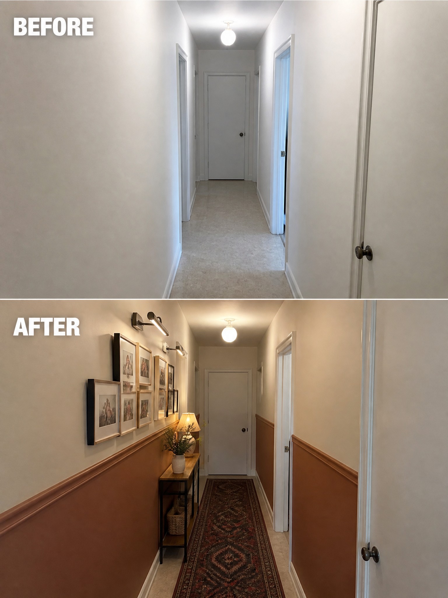 Before-and-after image of a plain hallway updated with warm paint on the lower walls, a gallery wall of art, a runner rug, and added wall sconces.