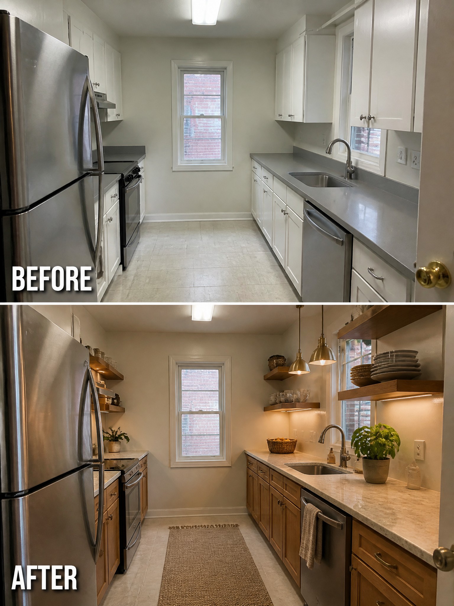 Before-and-after image of a plain kitchen updated with wood cabinets, open shelves, pendant lights, a rug, and plants.